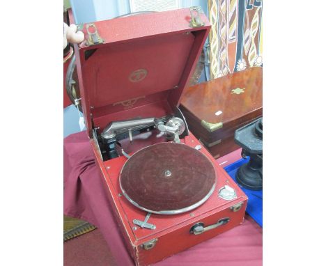 Columbia Portable Gramaphone, in red leatherette covering, with records.