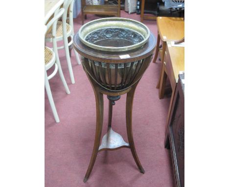 Edwardian Inlaid Mahogany Plant Stand, with open basket, sabre legs united batwing inlaid triform shelf, 89cm high with assoc