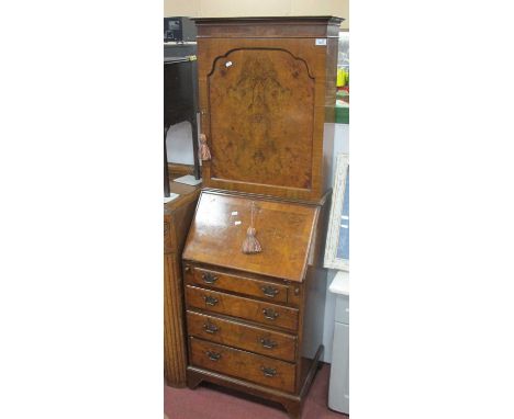 Slender Walnut Bureau Bookcase, circa mid XX Century single door to upper section over fall front, four drawers and bracket f