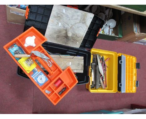 Tools - saws, handdrills, wrench, spanners, croppers, etc, in two plastic tool boxes.