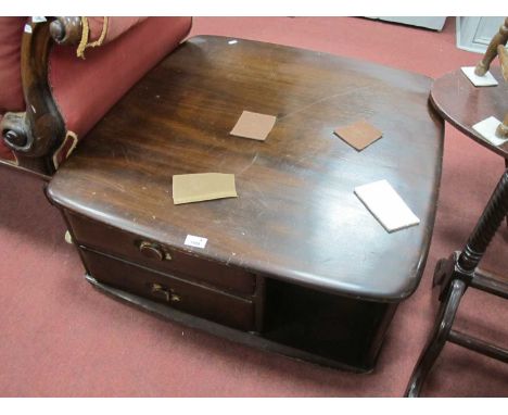 Ercol Pandora Coffee Table, 79.5cm square, with rounded corners, two drawers (one handle dam) and open compartments.