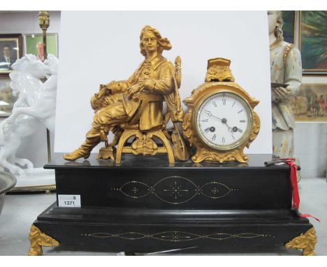 French Mantle Clock, circa 1900 'A. Commun 8 Rue Elzevir, Paris' to back plate, in gilt casing, aside spelter gentleman on bl