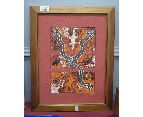 Linda Nabanunga, Aboriginal artwork with crocodiles, kangaroo and other animals, 37.5 x 28cm.