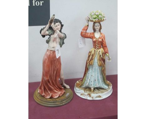 Capodimonte G. Armani figurine of a Gypsy Tambourine player together with another similar of woman with basket of flowers on 