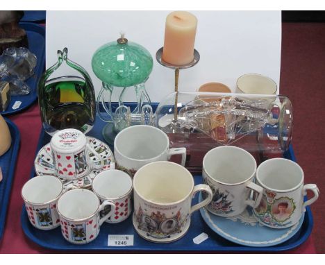 Viners Stuart Devlin Candlestick. Elizabethan playing card coffee ware, Venetian glass vase, ship in a bottle, etc:- One Tray