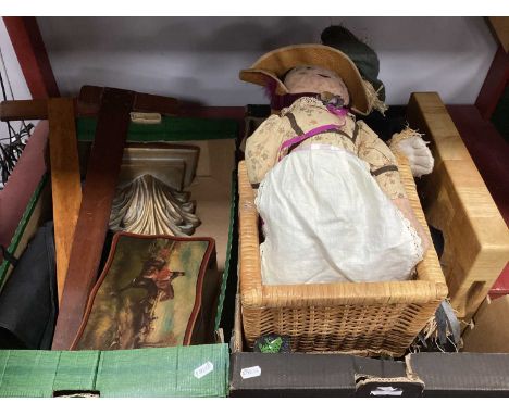 Dualit Weighing Scales, chopping board, cloth dolls, shoe last, wall bracket (2), boxes.