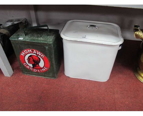 Enamelled Bread Bin, petrol can with later label (2).