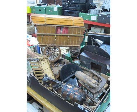 Christy Riding Helmet, pottery shire horse, and wooden caravan etc.