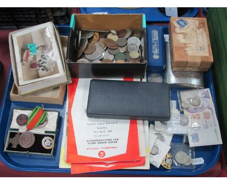 Mixed English - European Coinage, Victoria Shilling, Florin, Silver Three Penny coins, early XX Century postcards, pewter fla