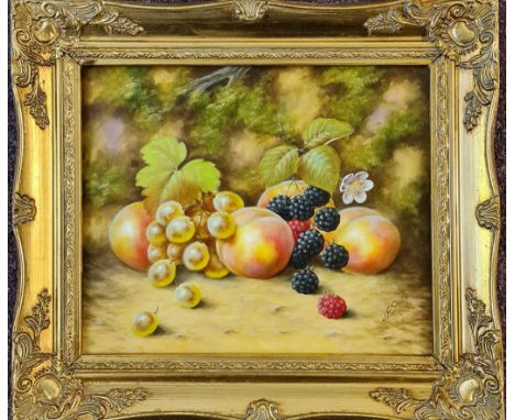J.F. Smith (Royal Worcester artist). Framed, signed, oil on board, still life with peaches, berries and grapes, 24cm x 29cm. 