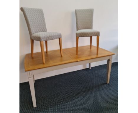 John Lewis oak extending top dining table on light grey base and a set of six high backed grey upholstered chairs and matchin