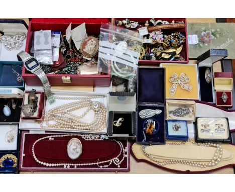 A collection of costume jewellery to include a yellow metal framed cameo brooch, RAF brooches, a filigree shoe style brooch, 