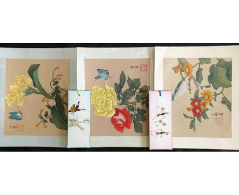Three Japanese watercolours on silks, stamped and signed with character marks, with two feather and painted design bookmarks.