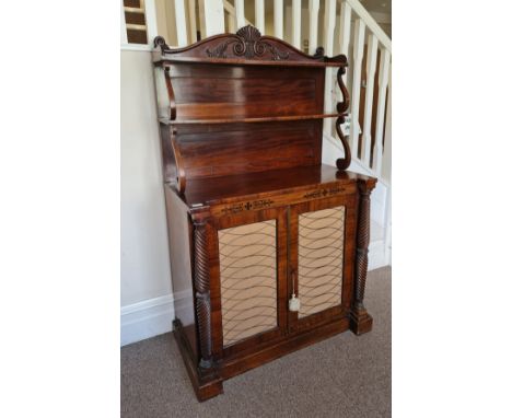 A 19th century mahogany Chiffonier, with raised scroll to shelf back, ebony inlay and twisted columns to front, 154cm x 94cm.