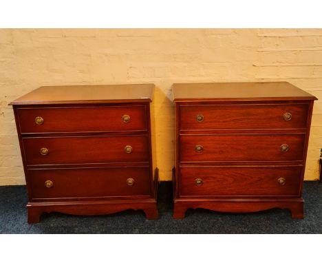 A pair of Reprodux mahogany Georgian style three drawer chest on bracket feet, width 80cm. IMPORTANT: Online viewing and bidd