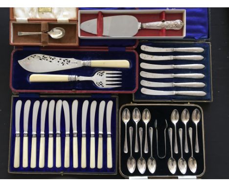 A collection of various boxed hallmarked silver flatware, to include an ivory handled fish slice and fork set, hallmarked She