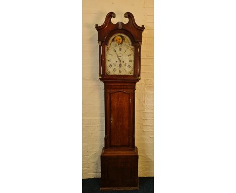 A Sam Hill Sheffield mahogany and oak long cased moon phase clock with fluted columns to sides and brass fittings, height 220