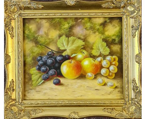 J.F. SMITH (Royal Worcester artist). Framed, signed, oil on board, still life with apples and grapes, 24cm x 29cm. IMPORTANT: