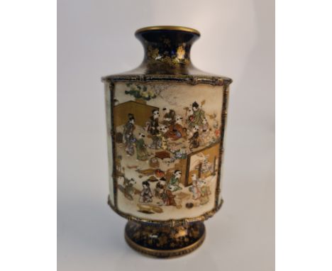 A Japanese fine detail satsuma vase with four panels to body, school scene, blossom trees and garden framed in bamboo style b