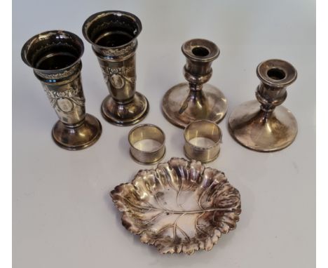 A pair of hallmarked silver trumpet embossed vases with ribbon design, approx. height&nbsp; 12cms, a pair of hallmarked silve