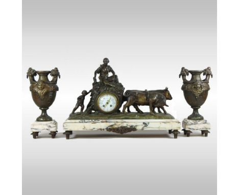 A French spelter and marble three piece clock garniture, surmounted by a figure ploughing, having an eight day movement strik