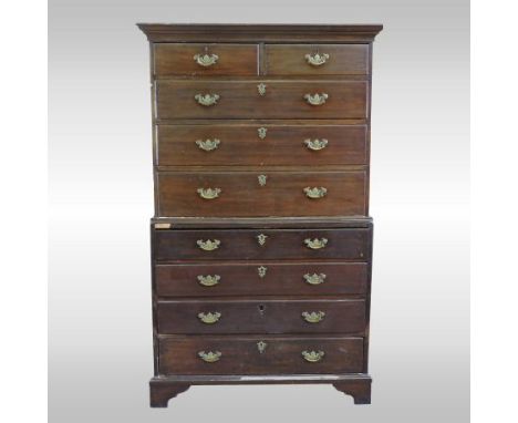 A George III mahogany chest on chest, with a moulded cornice, on bracket feet, 110cm