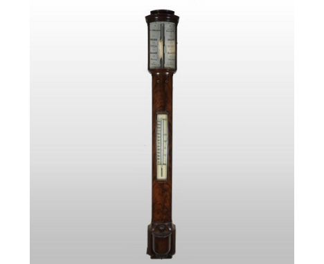 An unusually large 19th century mahogany cased stick barometer, the bowed case with ebony inlay, with an ivory dial having tw