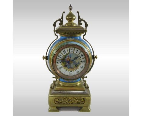 A continental porcelain and brass mounted mantel clock, of Sevres style, with a painted dial, the eight day movement striking