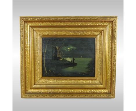 Style of Sebastian Pether, (1790-1844) moonlight river landscape, with a windmill, oil on panel, 21 x 29cm
