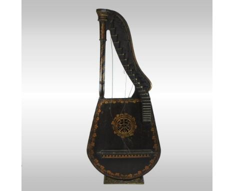 Edward Light of London, (1747-1832), a Regency harp lute, the black lacquered body gilt penwork decorated with trailing fruit