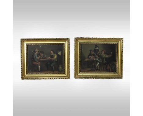 Dutch School, 19th century, miniature of an interior, with figure drinking and playing cards, oil on white metal, 8 x 11cm, t