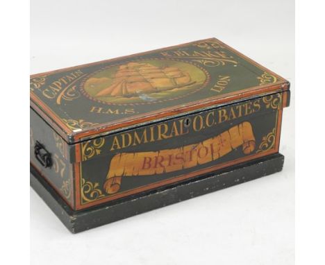 A 19th century painted trunk, decorated with a sailing ship and inscribed 'Captain R Blake, HMS Lion, Admiral O C Bates, Bris