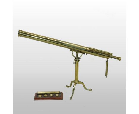 A 19th century brass cased telescope by Dollond, London, on an adjustable folding tripod stand, inscribed 'Telescope belongin