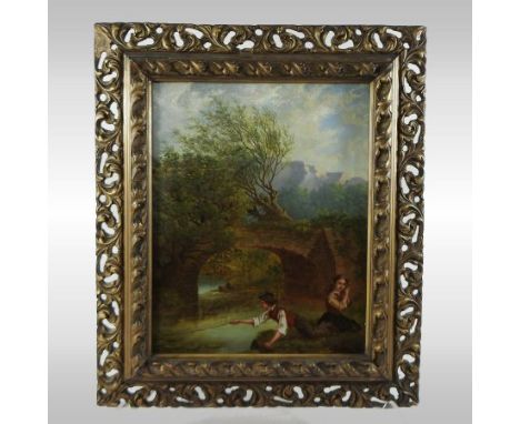 English School, (19th century), Children playing by a river, oil on canvas, 31 x 25cm