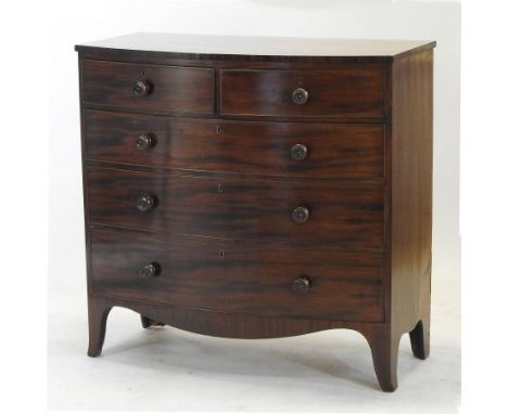 A 19th century mahogany bow front chest, containing two short over three long drawers, on swept bracket feet, 104cm