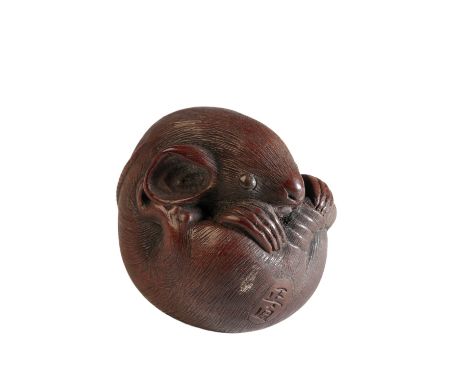 JAPANESE CARVED WOOD NETSUKE, SIGNED MASANAO, MEIJI PERIOD, finely carved as a coiled rat with inlaid eyes, 4cm wide
