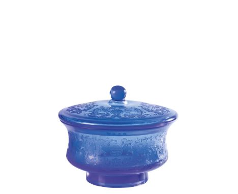 RARE BLUE ENGRAVED BLUE GLASS BOWL AND COVER, YONGZHENG FOUR CHARACTER MARK AND PROBABLY OF THE PERIOD, the sides finely engr