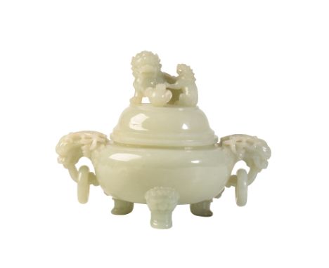 FINE WHITE JADE TRIPOD CENSER AND COVER, QING / REPUBLIC PERIOD, the domed cover surmounted by a lion and cub finial, the com