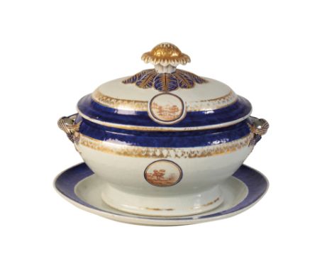 EXPORT BLUE AND WHITE TUREEN, COVER AND STAND, QING DYNASTY, 18TH CENTURY, painted in sepia with medallions depicting Europea