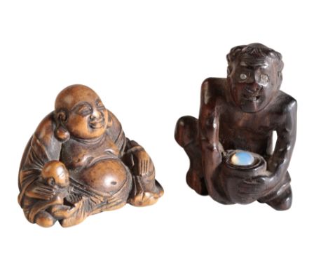 CARVED WOOD NETSUKE, EDO PERIOD, modelled as a sted Hotei and a boy, 3cm high; together with a JAPANESE WOOD NETSUKE, MIWA SC
