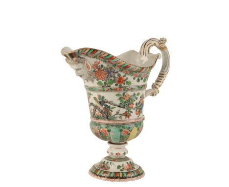 SAMSON PORCELAIN FAMILLE VERTE EWER, 19TH CENTURY, in the Kangxi style, with a double c scroll handle, mask spout, and painte