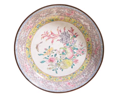 FINE YELLOW-GROUND CANTON ENAMEL DISH, QING DYNASTY, 18TH CENTURY, painted with citrus fingers, lotus, chrysanthemum, bats an