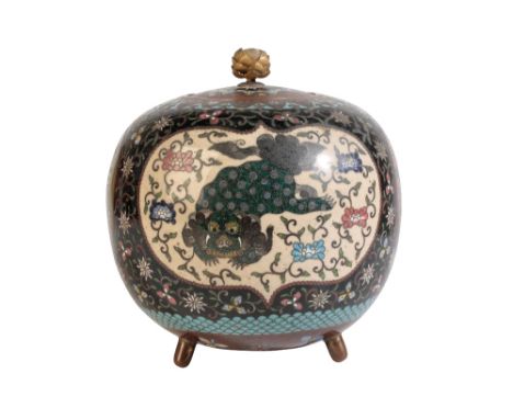 JAPANESE CLOISONNE COVERED KORO, MEIJI PERIOD, the sides decorated in coloured enamels with lions, phoenix, butterflies and s