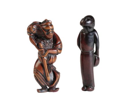 TWO CARVED WOOD NETSUKE, EDO PERIOD, modelled as a standing figure wearing a long robe, and a samurai warrior, 8.5cm &amp; 9c