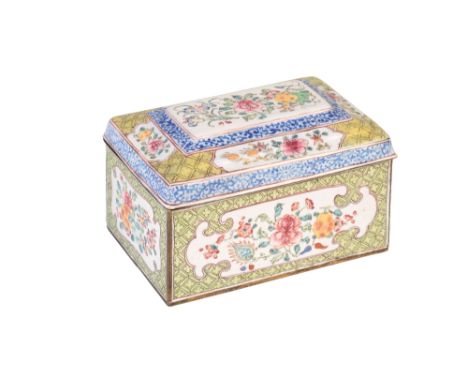 CANTON ENAMEL BOX AND COVER, QING DYNASTY, 18TH CENTURY, painted with panels of flowers and fruit, reserved against a green t