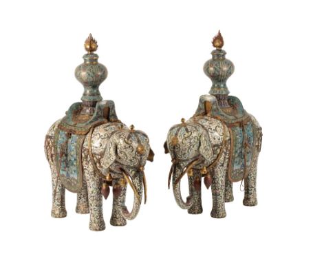 LARGE PAIR OF CAPARISONED CLOISONNE ELEPHANTS, QING DYNASTY, 19TH CENTURY, each modelled standing foursquare, carrying a sadd