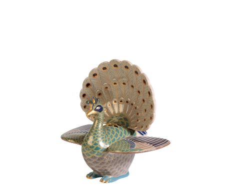 JAPANESE CLOISONNE KORO, TAISHO PERIOD, modelled as a peacock, with realistic coloured enamel plumage, 27cm high