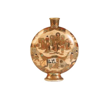 JAPANESE SATSUMA MOON FLASK, MEIJI PERIOD, the flattened ovoid sides painted with immortals, samurai and beauties, on a socle