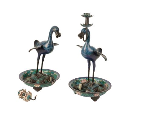 PAIR OF CLOISONNE 'DUCK AND TORTOISE' CANDLESTICKS', LATE QING DYNASTY, the standing birds with outstretched wings, the mouth