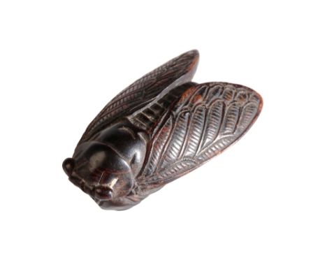 JAPANESE CARVED WOOD NETSUKE, LATE EDO / EARLY MEIJI PERIOD, modelled a s a cicada nesting on a bed of leaves and two acorns,